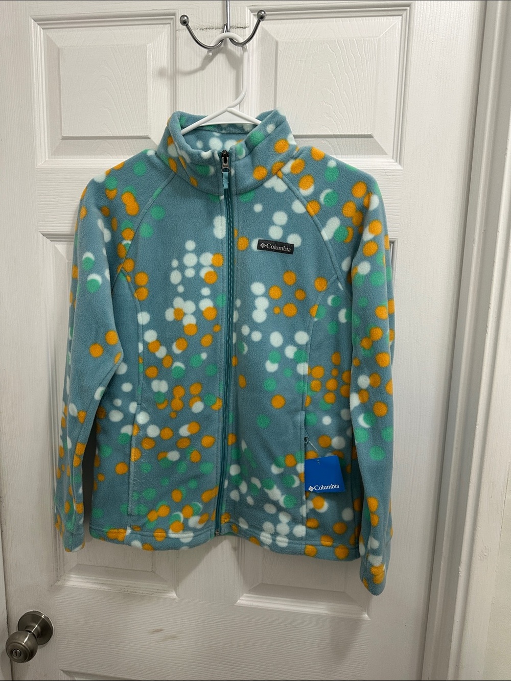 Columbia Teal Fleece Jacket with Orange, White & Green Dots Girls Large NWT